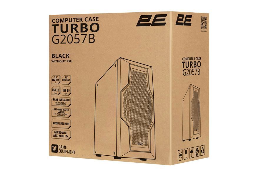 Корпус 2E GAMING Turbo G2057B без БЖ 2xUSB3.0, 1xUSB2.0, 1x200мм, ARGB, 3x120мм ARGB, VGA 345мм, LCS ready, HUB, TG Side Panel, ATX, чорний 2E-G2057B фото