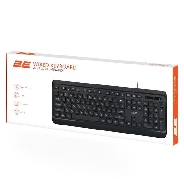 Клавіатура мембранна 2E KS120 104key, USB-A, EN/UK, White LED, чорний 2E-KS120UB_UA фото
