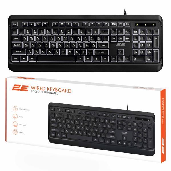 Клавіатура мембранна 2E KS120 104key, USB-A, EN/UK, White LED, чорний 2E-KS120UB_UA фото