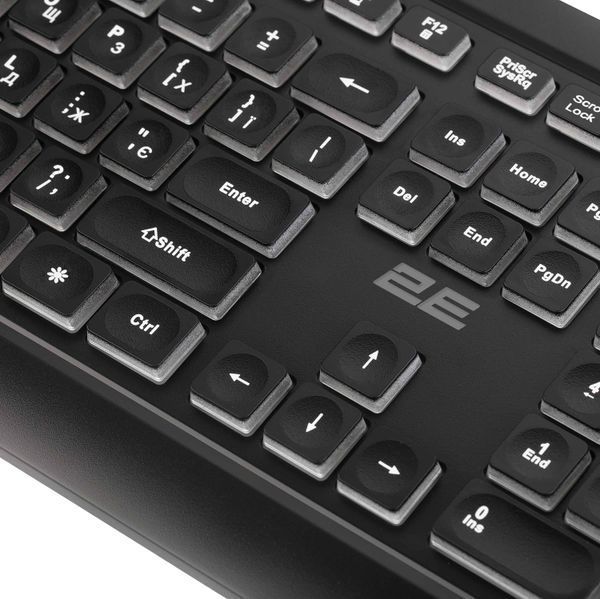 Клавіатура мембранна 2E KS120 104key, USB-A, EN/UK, White LED, чорний 2E-KS120UB_UA фото