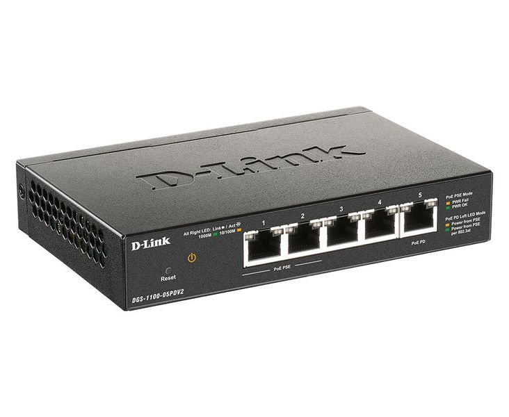 Комутатор D-Link DGS-1100-05PD 5xGE, (2xGE, 2xGE PoE, 1xGE PD), EasySmart DGS-1100-05PDV2 фото