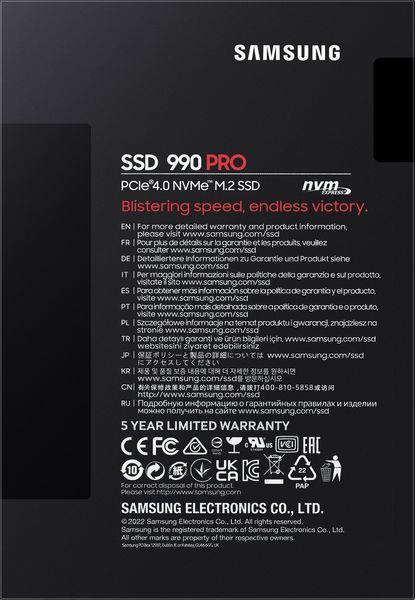 Накопичувач SSD Samsung M.2 1TB PCIe 4.0 990PRO MZ-V9P1T0BW фото