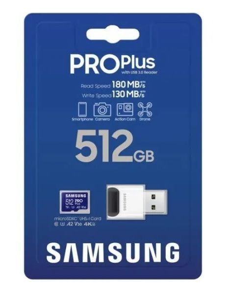Карта памяти Samsung microSDXC 512GB C10 UHS-I R180MB/s PRO Plus + SD MB-MD512SB/WW фото