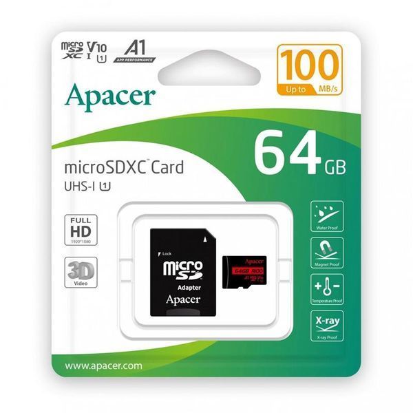 Карта пам'яті Apacer microSD 64GB C10 UHS-I R100MB/s + SD AP64GMCSX10UB-R фото