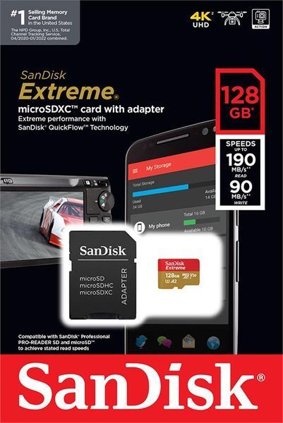 Карта памяти SanDisk microSD 128GB C10 UHS-I U3 R190/W90MB/s Extreme V30 + SD SDSQXAA-128G-GN6MA фото
