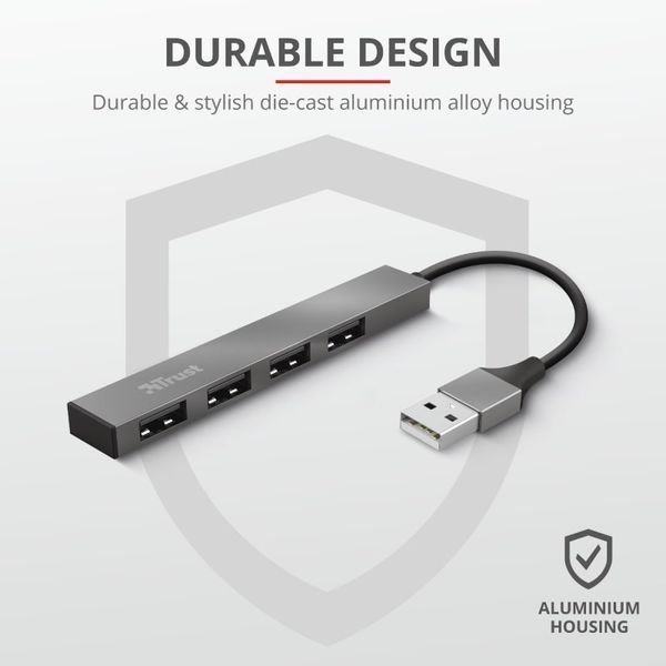 Хаб Trust Halyx USB-A > 4xUSB-А, Алюміній, 0.1м, Сірий 23786_TRUST фото