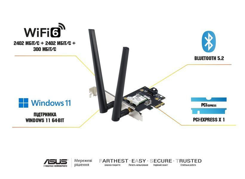 WiFi-адаптер ASUS PCE-AXE5400 AXE5400, PCI-Express x1, BT5.2 90IG07I0-ME0B10 фото