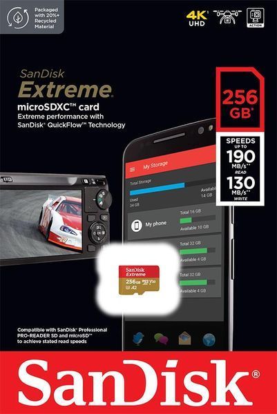 Карта памяти SanDisk microSD 256GB C10 UHS-I U3 R190/W130MB/s Extreme V30 SDSQXAV-256G-GN6MN фото